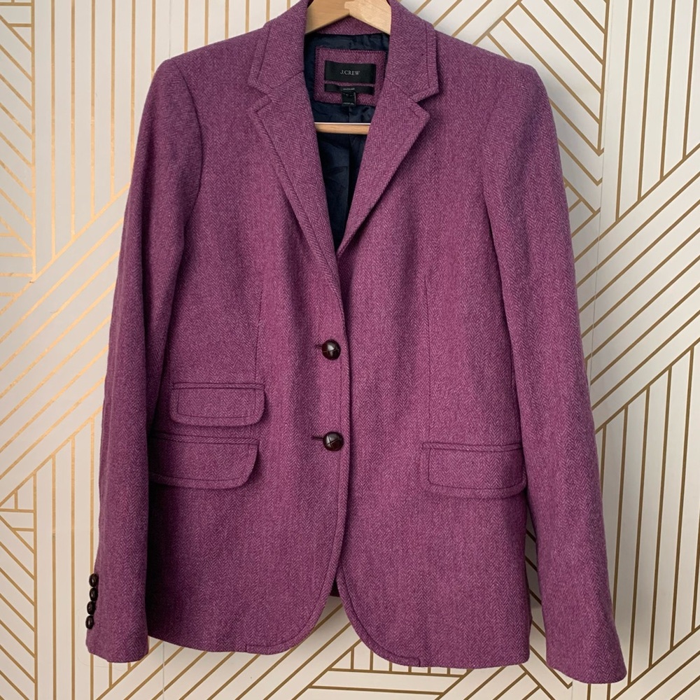 J. Crew 100% Wool Hack-ing Jacket Herringbone 
Tweed purple leather buttons 14 - Picture 2 of 9